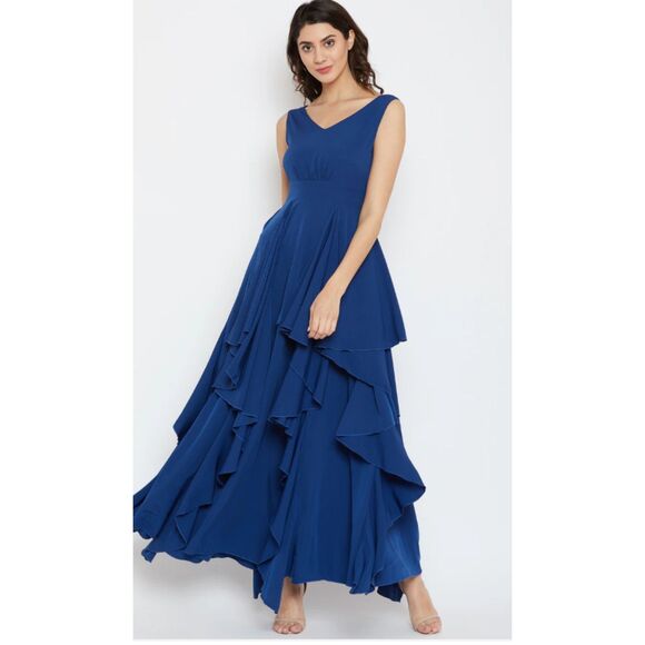 Berrylush Women Solid Blue V-Neck Open-Back Ruffled Maxi Dress L - Picture 1 of 10